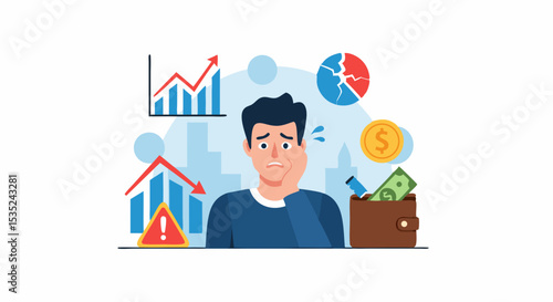 Worried Man Facing Financial Crisis Charts Showing Market Decline.