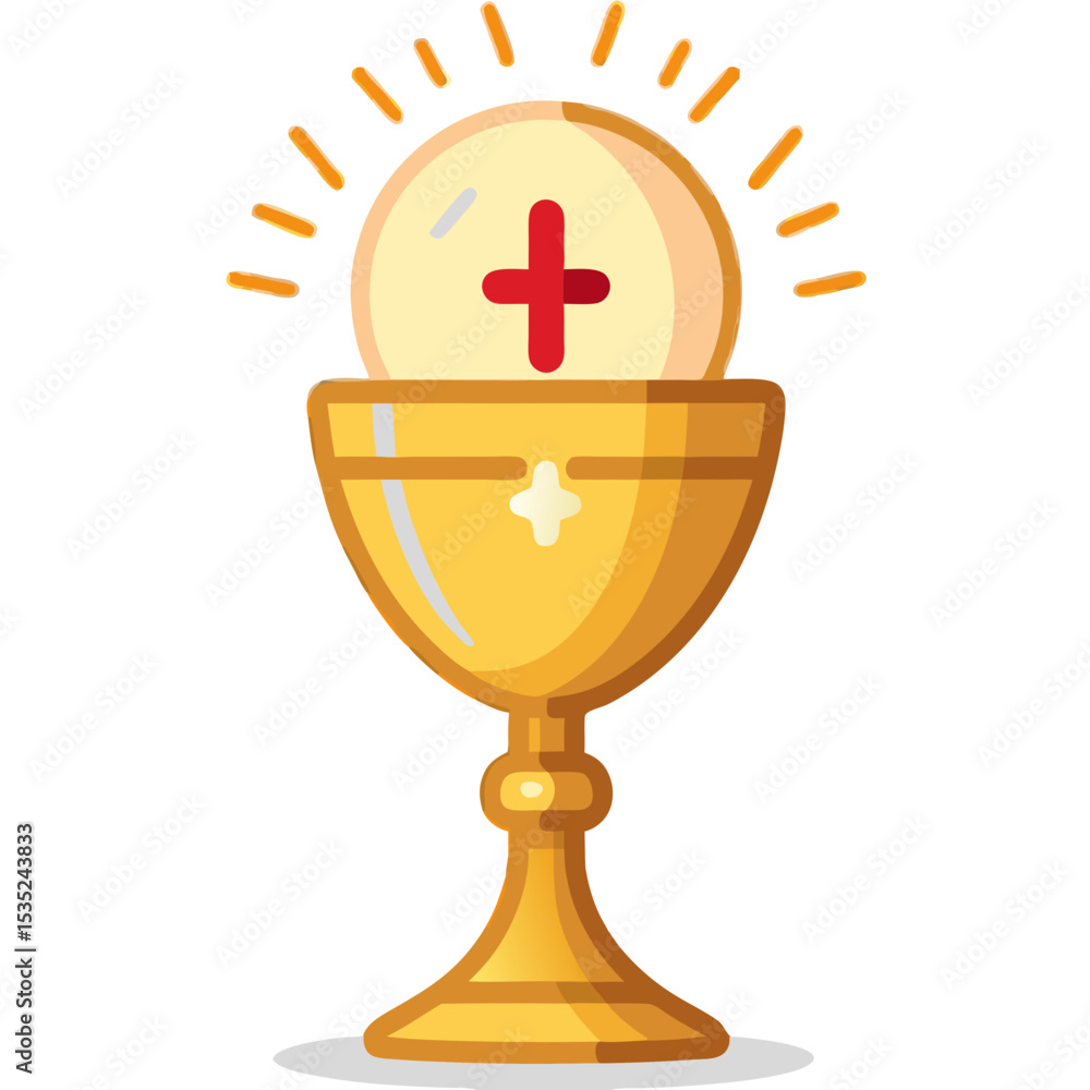 Golden Chalice with Host and Red Cross Catholic Symbol.