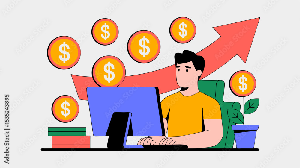 Fototapeta premium Man working on computer with rising arrow and dollar coins.