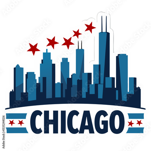 Stylized Chicago Skyline with Stars and City Name.