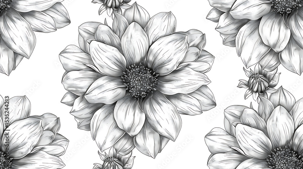 custom made wallpaper toronto digitalA detailed monochrome drawing of dahlia flowers with intricate petal patterns, isolated on white background, showcasing botanical elegance and artistic floral design