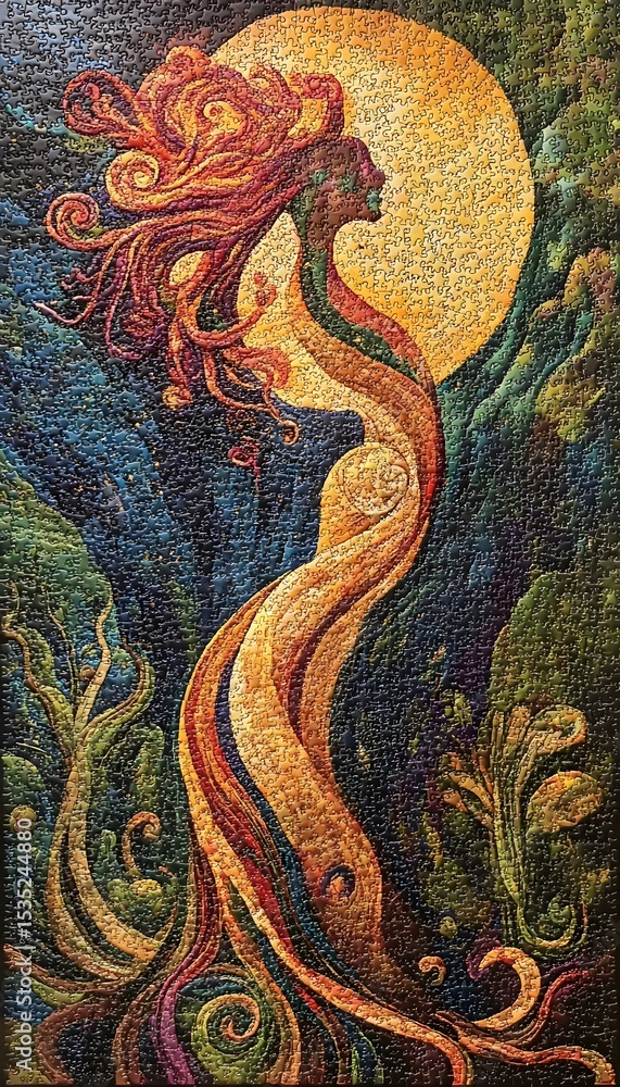 Obraz premium A figure with flowing hair and a flowing dress, depicted in warm colors against a background of swirling patterns.