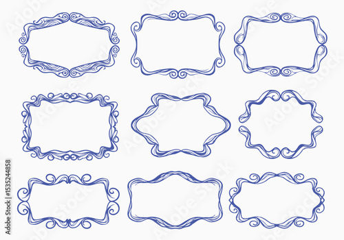 Collection of Nine Ornate Blue Decorative Frames with Swirls and Waves.