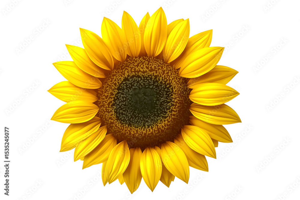 Sunflower head blooming with bright yellow petals, gleaming against transparent background Sunflower head blooming with bright yellow petals, gleaming against transparent background
