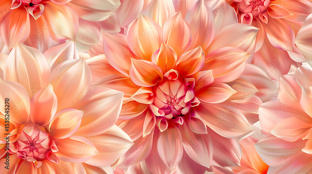 Fototapeta premium A beautiful closeup of peach and pink dahlia flowers in full bloom, showcasing their intricate petal patterns and soft, romantic colors in a vibrant floral arrangement
