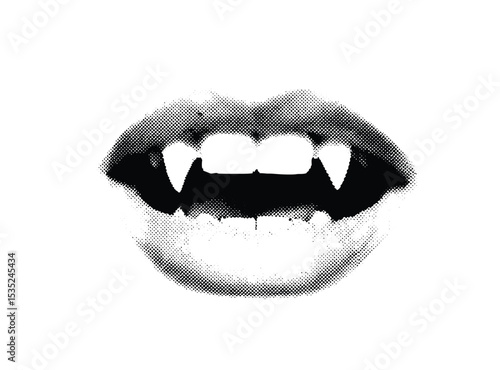 A halftone-style illustration of a collage element with vintage stipple photocopy effect, vampire mouth , tattoo in 90s aesthetic, with retro grainy texture. 