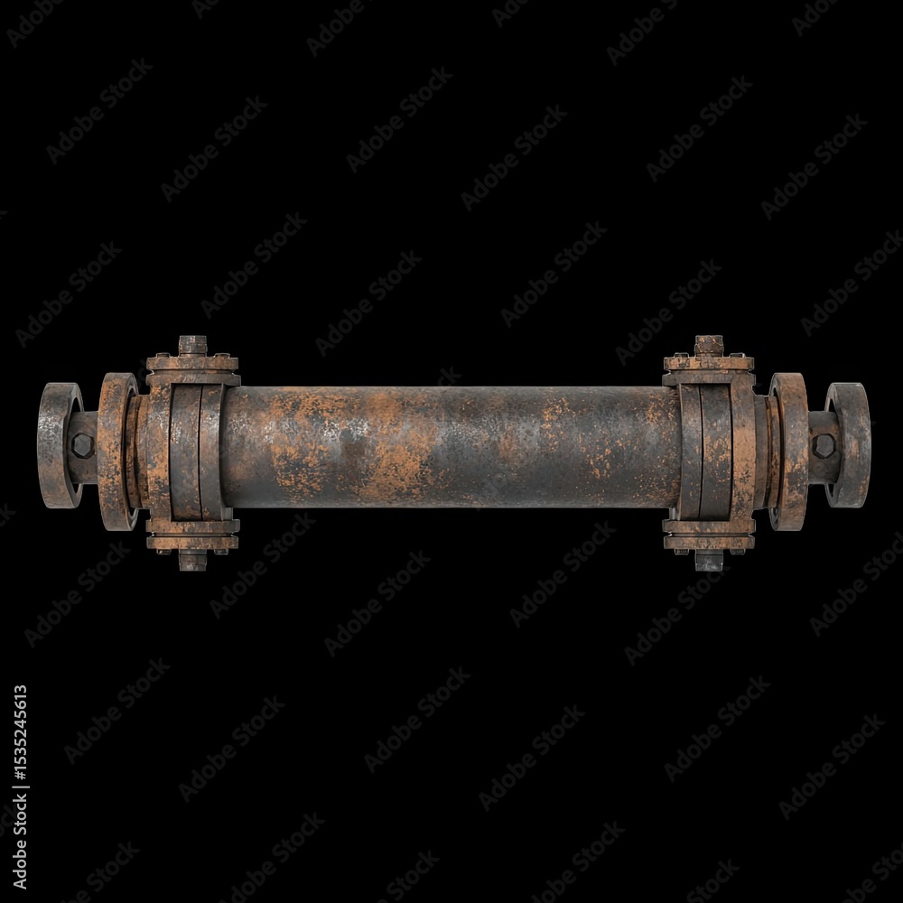Rusty Industrial Pipe with Flanges and Dark Background Texture Rusty Industrial Pipe with Flanges and Dark Background Texture