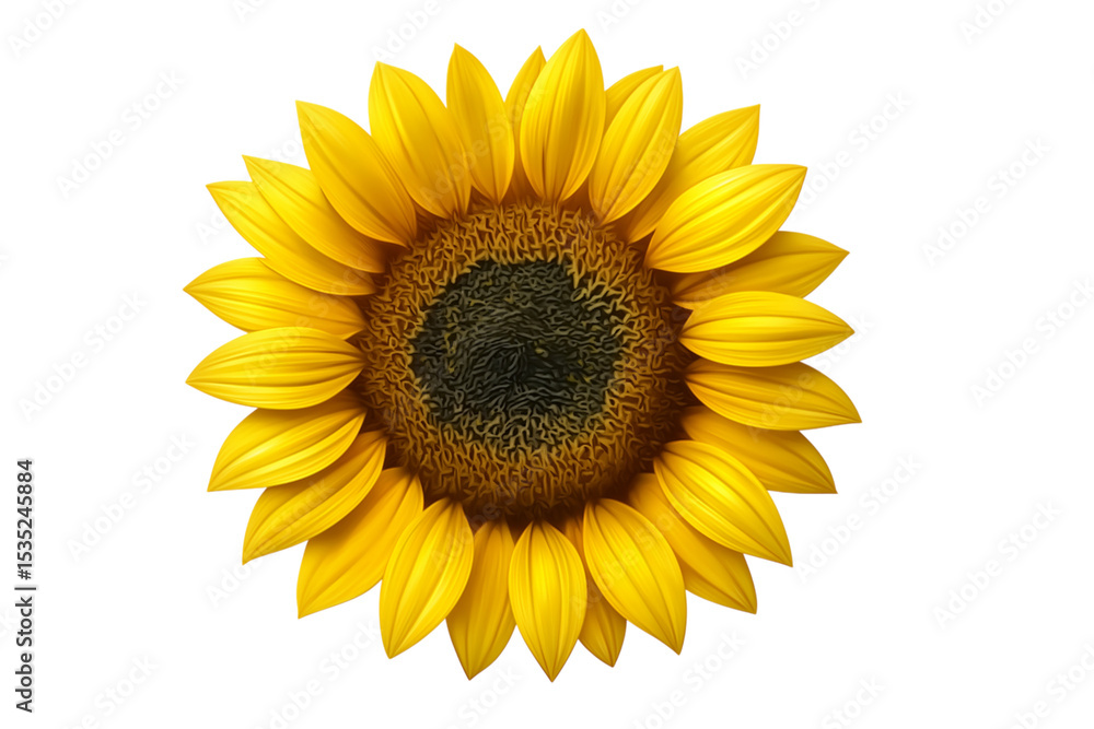 Sunflower head blooming with bright yellow petals, gleaming against transparent background Sunflower head blooming with bright yellow petals, gleaming against transparent background