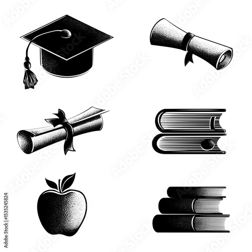 Minimal Black‑And‑White Education Icons: Cap, Diploma, Books & Apple