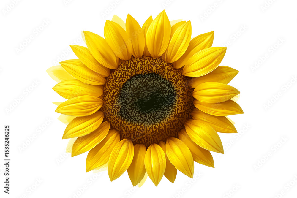 Sunflower head blooming with bright yellow petals, gleaming against transparent background Sunflower head blooming with bright yellow petals, gleaming against transparent background