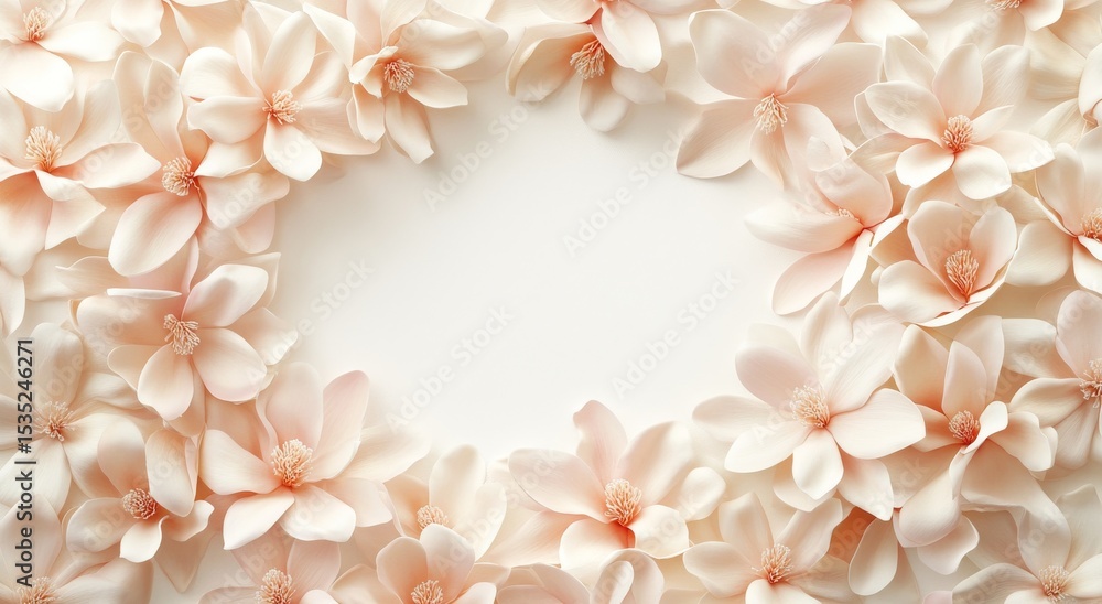 In a flat lay composition, a curved frame on a white background features floral branches with delicate pink flowers, accompanied by copy space In a flat lay composition, a curved frame on a white background features floral branches with delicate pink flowers, accompanied by copy space