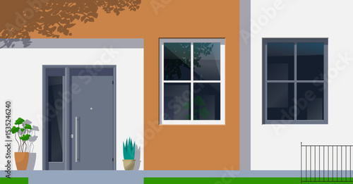 modern house facade exterior entrance door windows vector illustration