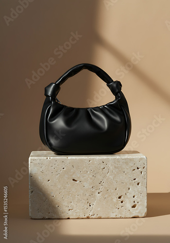Mockup of black leather handbag on stone pedestal for fashion industry
