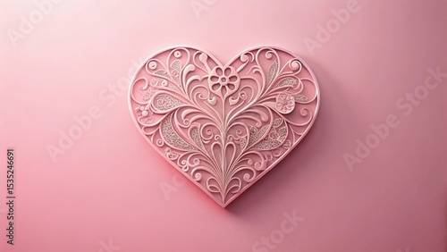 A delicate pink paper Valentine's Day heart with intricate patterns and subtle textures, on a soft pastel pink background , romantic decor, everyday love