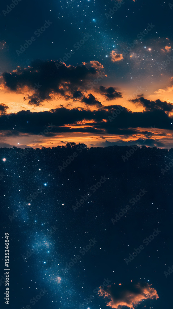 Fototapeta premium Starry Night Sky with Fiery Clouds and Galactic Stars