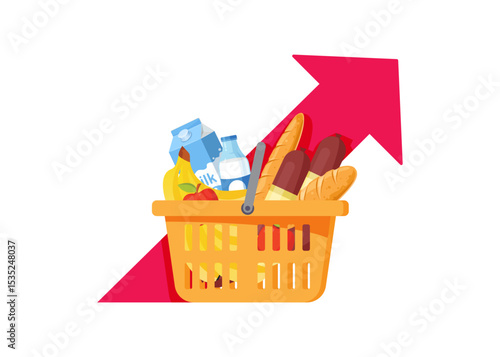 Grocery basket with high graph. The price graph of consumer goods increases. Vector illustration stock Illustration.