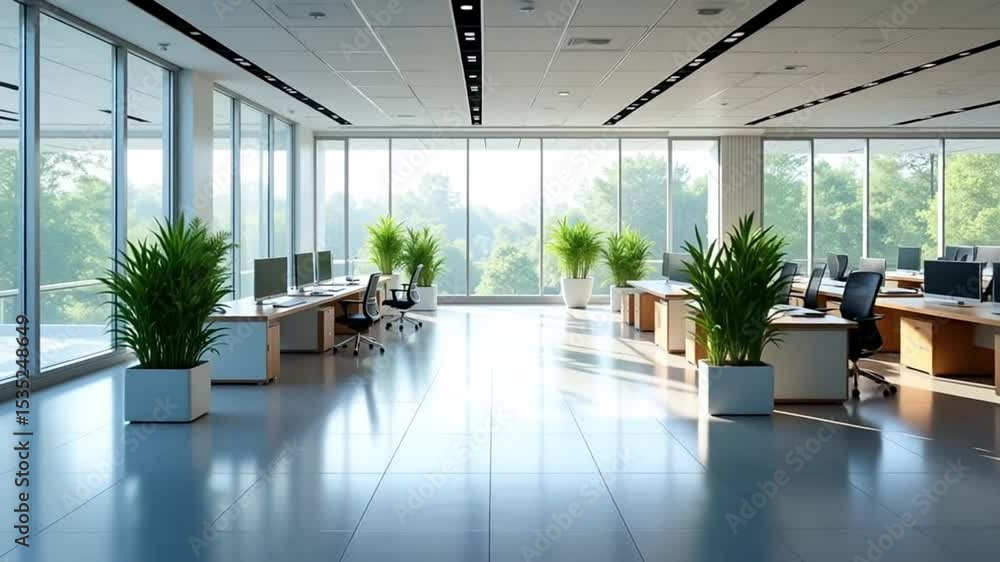 Empty Modern Office Space with Desks and Plants Bright Daylight Empty Modern Office Space with Desks and Plants Bright Daylight
