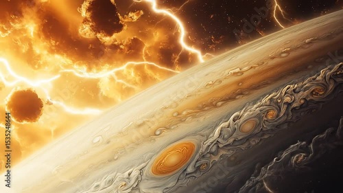 Spectacular Jupiter Atmosphere with Lightning Storms and Swirling Clouds Visual