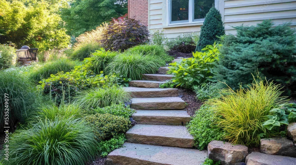 Obraz premium Beautifully Landscaped Garden Pathway with Lush Greenery, Vibrant Plants, and Natural Stone Steps Leading to a Charming Home Entrance Surrounded by Nature