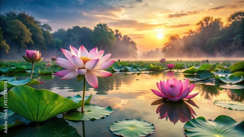 Fototapeta Naklejka Na Ścianę i Meble -  Beautiful lotus flower plants with green leaves floating on a serene lake at dawn