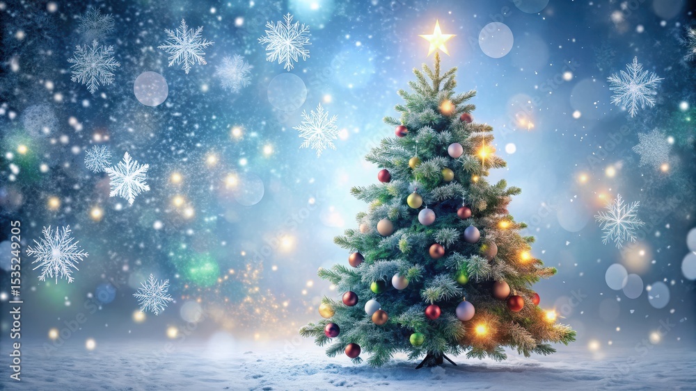 Christmas Tree with Snowflakes Falling Around It, festive, holiday decor, festive, holiday decor Christmas Tree with Snowflakes Falling Around It, festive, holiday decor, festive, holiday decor