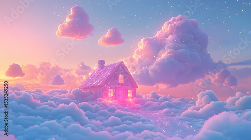 A cozy house glowing with warm light, nestled among fluffy clouds under a pastel sky.