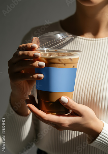 Mockup of woman holding iced coffee cup with blank label
