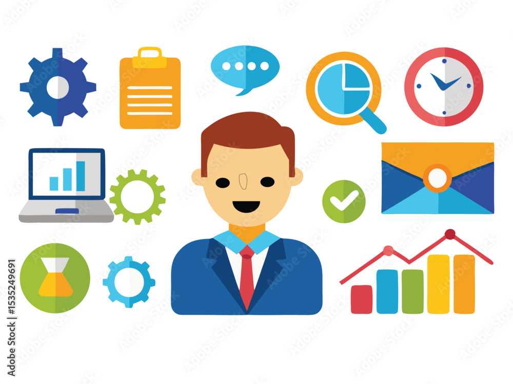Businessman icon with various colorful business elements isolated on white background
Businessman icon with various colorful business elements isolated on white background