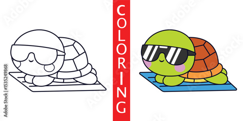 Cute Cartoon Turtle Relaxing On The Beach Coloring Sheet, Illustration Icon Cartoon Vector, Animals Holidays, Cartoon Style Flat.