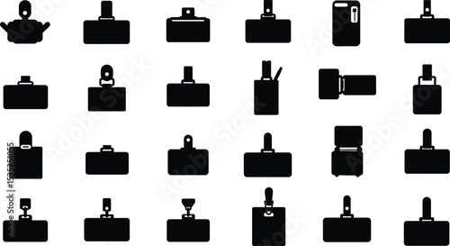 Comprehensive vector illustration showcasing a diverse collection of colorful blank badge holders, ID holders, and luggage tags, ideal for corporate, travel, and event design projects.