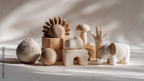 Wooden toys for creative play and decoration.