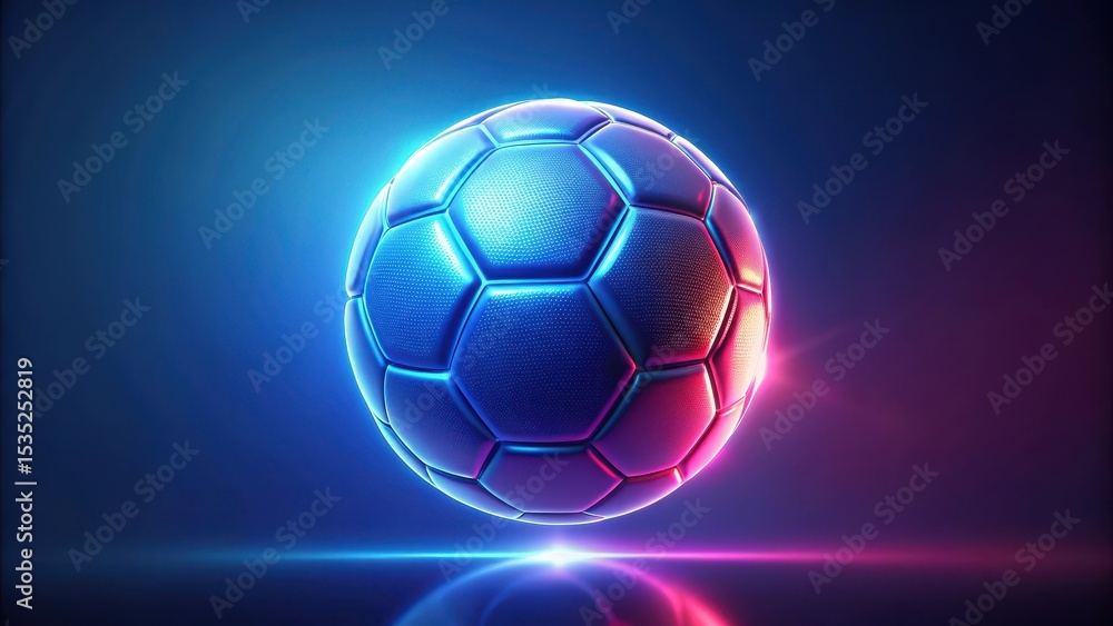 Naklejka premium Glowing neon soccer ball suspended in mid-air against a deep blue background with subtle gradient effects and a hint of purple hue, glowing, futuristic