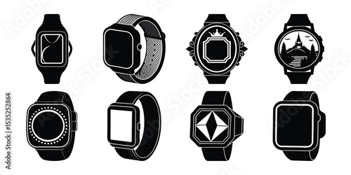 classic smart hand watch icon silhouette vector and white background
