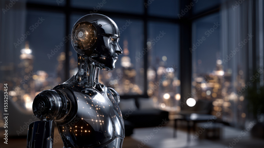 Fototapeta premium A highly advanced robot with an AI interface, illuminated by ambient lighting in a futuristic office. Artificial Intelligence, Futuristic Digital Technology, Metaverse of Digital Intelligent World