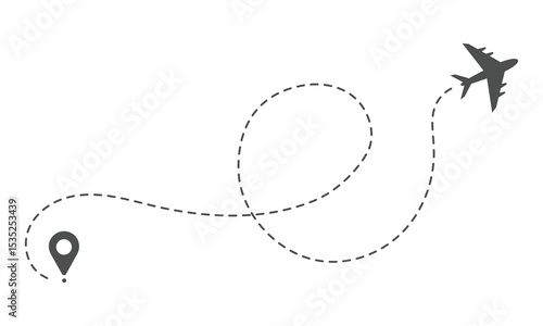 Airplane dotted route line path from starting point to destination.Vector Illustration.
