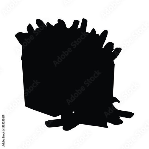 Silhouette illustration of a paper box overflowing with delicious french fries isolated on white