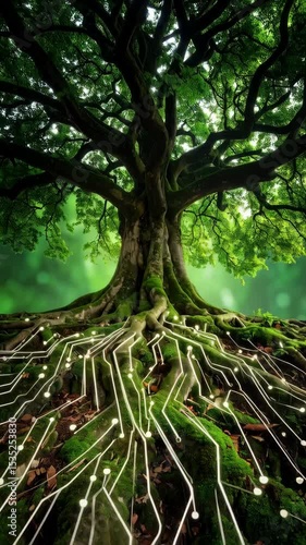 Green tree with glowing circuit patterns intertwined among mossy roots in nature