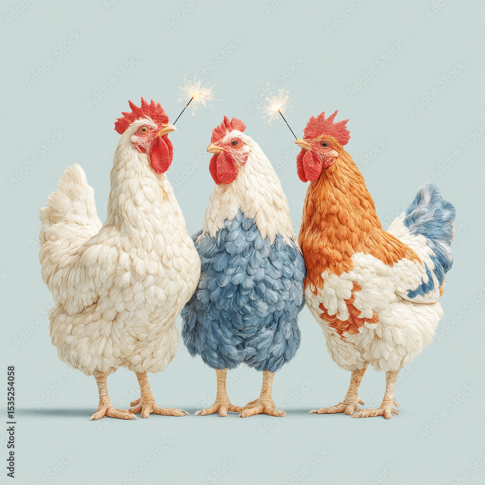 Fototapeta premium Three colorful chickens adorned with sparklers celebrate a festive occasion in a playful and artistic display