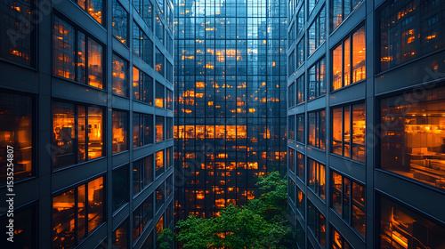 Modern glass skyscrapers with illuminated windows surrounding a central courtyard