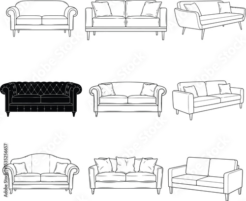 Vector Illustration of Diverse Sofa Designs Showcasing Armrests, Cushions, and Styles