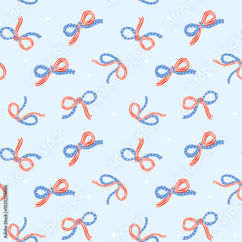 Retro Coquette 4th of July America Ribbon Bow  Girly Seamless Pattern Minimal Wallpaper Isolated on Background
