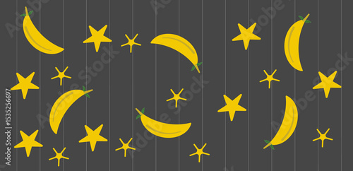 Banana with star background. Yellow fruit background with star