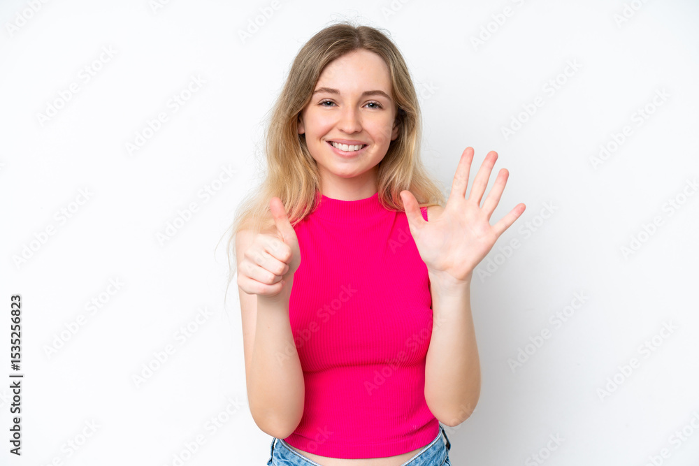 Blonde English young girl isolated on white background counting six with fingers Blonde English young girl isolated on white background counting six with fingers