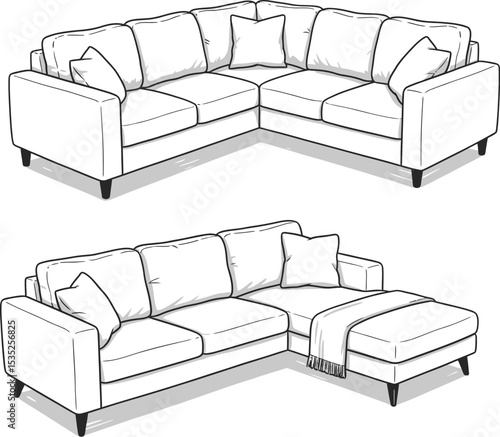 Hand-Drawn Sectional Sofa Illustration in Minimalist Mid-Century Style