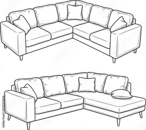 Hand-Drawn Sectional Sofa Illustration in Minimalist Mid-Century Style