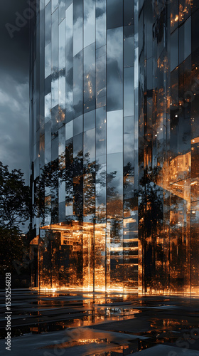 Modern glass building reflecting trees and warm interior lights under a cloudy sky