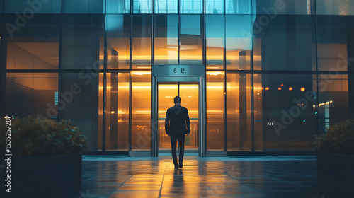 A solitary figure approaches the entrance of a modern building at sunset, with warm light reflecting off the glass facade.