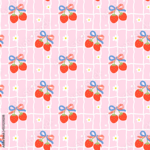 Retro Coquette 4th of July Strawberry America Ribbon Bow Girly Tile Seamless Pattern Minimal Wallpaper Isolated on Background
