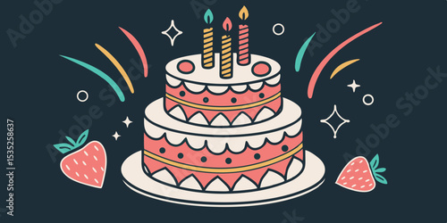 Happy birthday cake with candles illustration  on for celebration and party design Vector illustration navy blue background