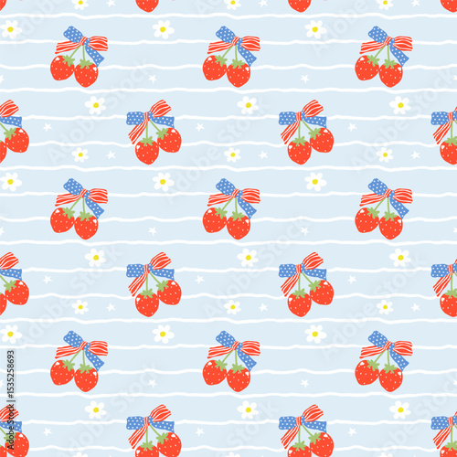 Retro Coquette 4th of July Strawberry America Ribbon Bow Girly Stripes Seamless Pattern Minimal Wallpaper Isolated on Background